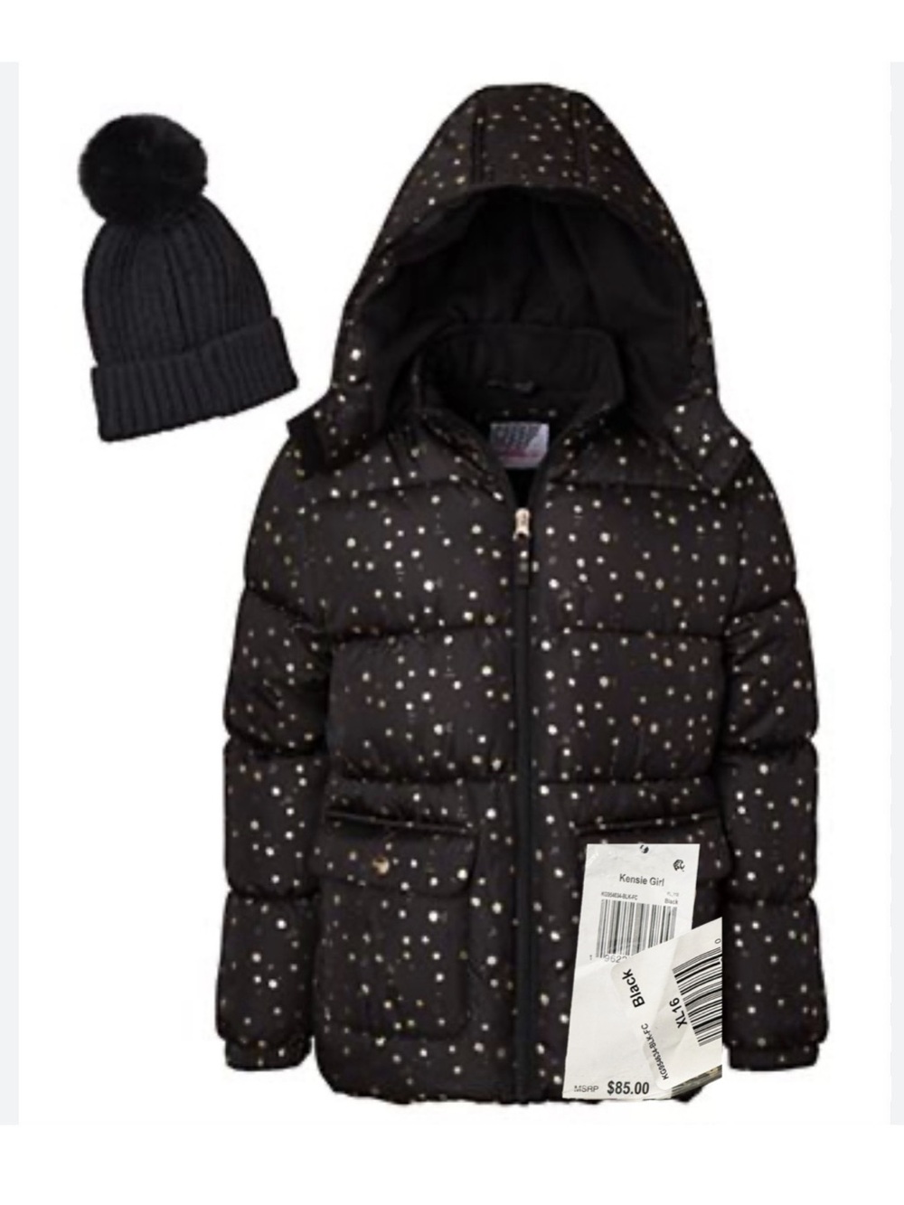 Kensie Girl puffer jacket winter coat size XL 16 Black gold floral print hood